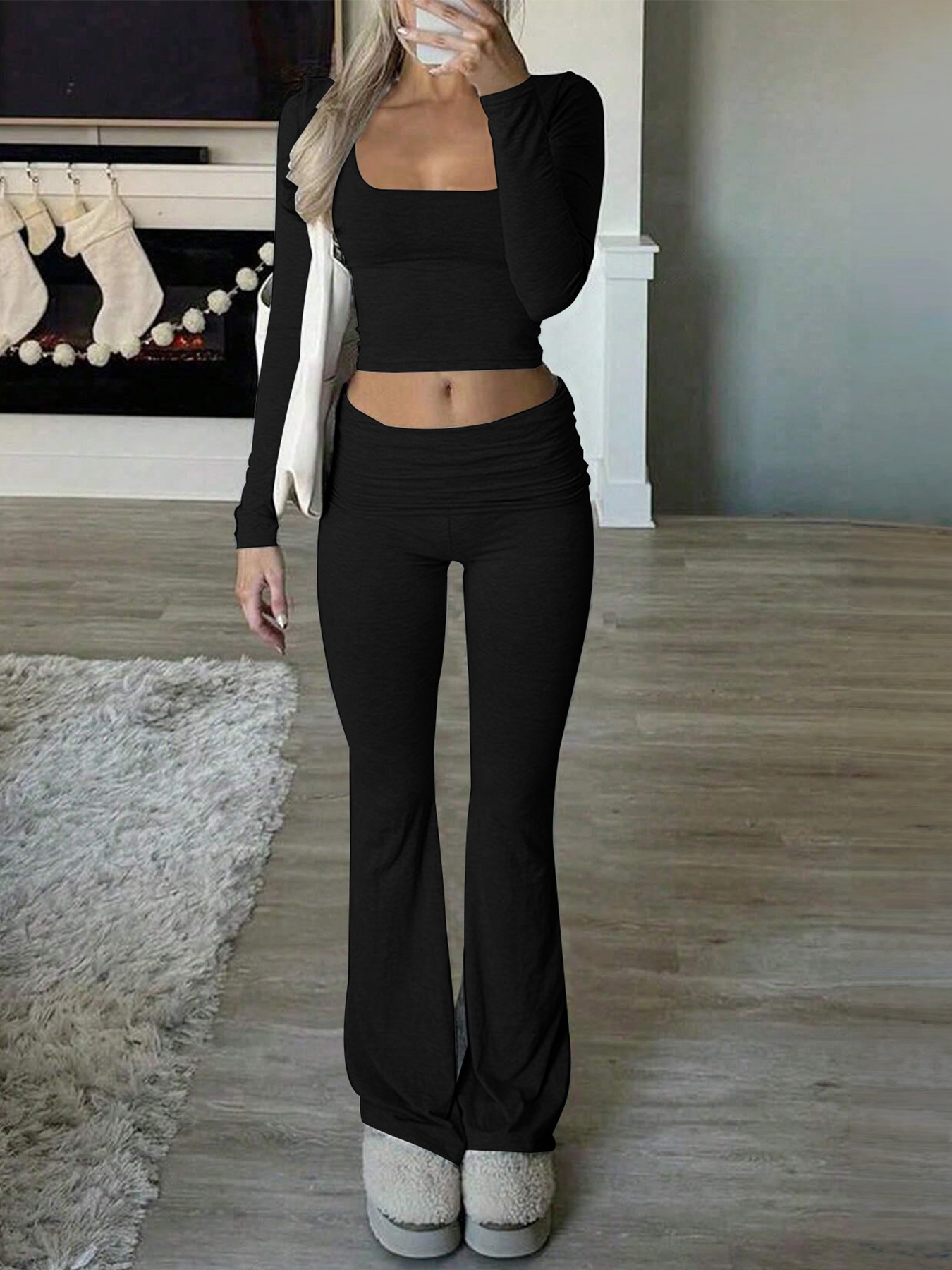 Damen-Trainingsanzug-Set aus geripptem Strick, bestehend aus einem langärmeligen Oberteil mit eckigem Ausschnitt und einer Jogginghose – lässige Loungewear_voghion.com