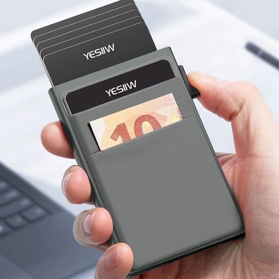 Al por mayor nuevo titular de la tarjeta de empuje lateral automático de gran capacidad antirrobo cepillo caja de tarjeta de metal cartera titular de la tarjeta nicho negocio anti-magnético