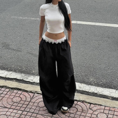 跨境美式街头低腰拼色蕾丝花边腰头宽松休闲裤时尚百搭梭织工装裤