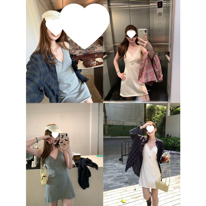Im Towards the'Lazy Curve' Style 100% Cotton Korean-Style Cross V-Neck Knit Slip Dress Layered with a Waist-Cinching A-Line Dress Im Towards the'Lazy Curve' Style 100% Cotton Korean-Style Cross V-Neck Knit Slip Dress Layered with a Waist-Cinching A-Line Dress