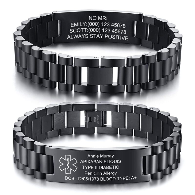Men's Medical Information Identification Bracelet Stainless Steel Curved Plate Medical Logo Engraved Black Curved Plate Stainless Steel Bracelet