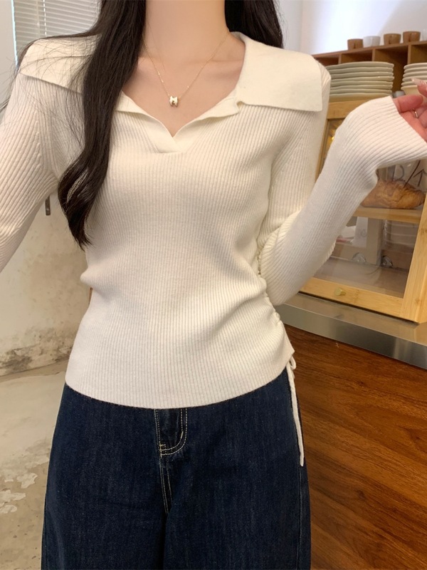 法式polo领抽绳针织衫女秋季小众轻熟风正肩收褶毛衣内搭打底上衣|undefined