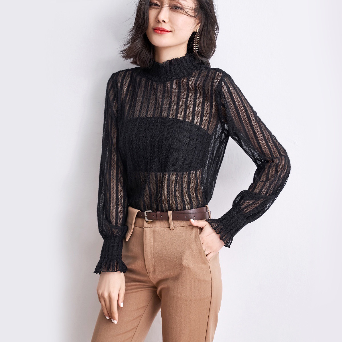 春季新款木耳边半高领蕾丝打底衫女长袖薄款内搭网纱超仙上衣女装