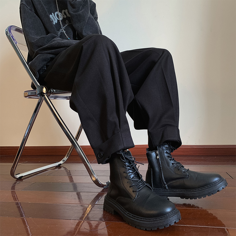 Black Men's Dress Pants with Drape, High Street Jogger Wide-Leg Autumn Straight Woolen Martin Boots Pants Set
