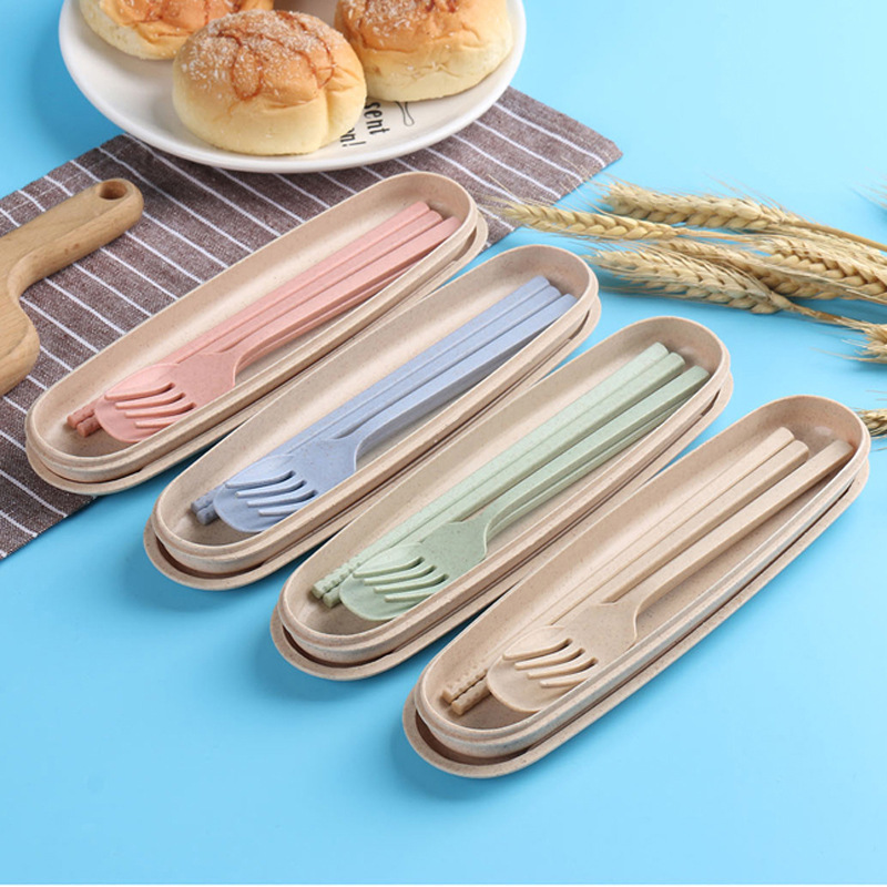 Cross-border Amazon wheat straw portable tableware set fork chopsticks spoon tableware three-piece set printable logo