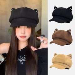 秋冬新款可爱卡通猫耳朵八角帽子女复古百搭显脸小贝雷帽潮画家帽