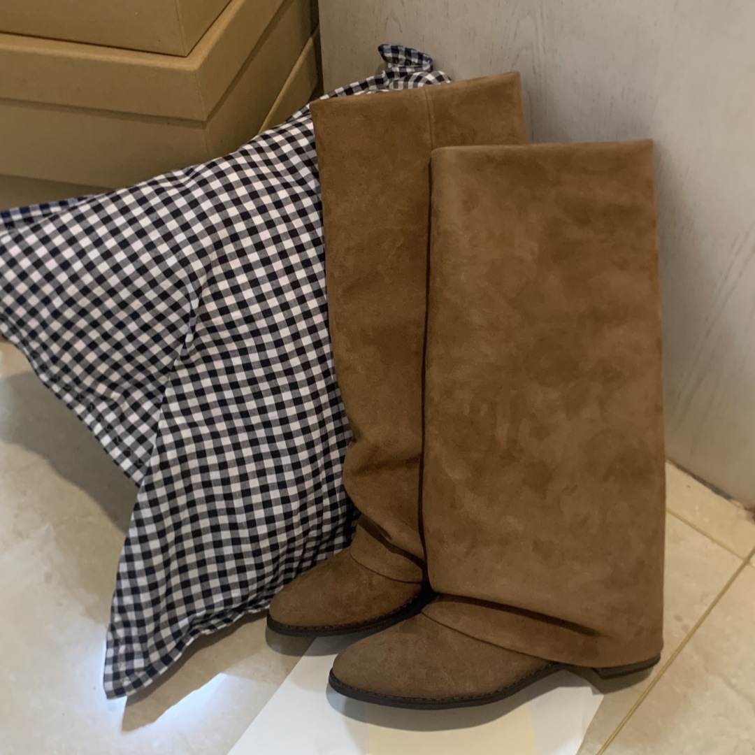 plush Women's Boots, Chunky Heel High Boots, Round Toe Low Heel Western Cowboy Boots 2025 Fall/Winter New Arrivals_voghion.com