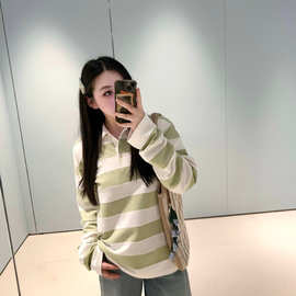 源头服装厂POLO领小卫衣女士条纹气质通勤小牛肚卫衣工厂