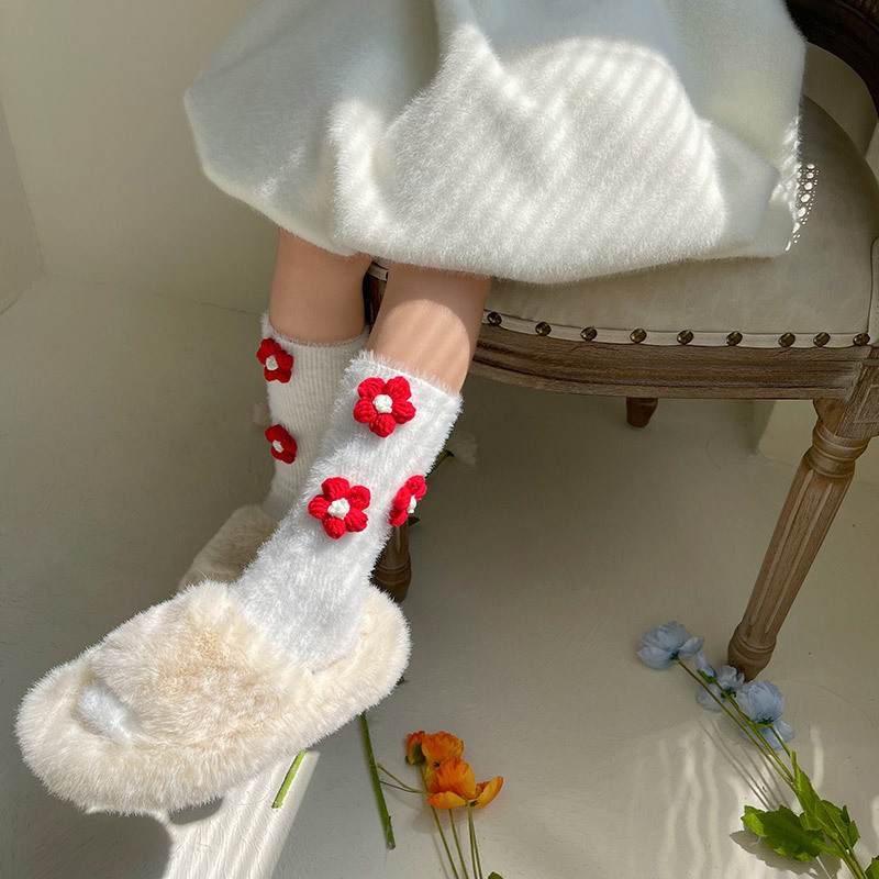 hotmoon winter Christmas New wool flower imitation Rex rabbit fur Princess socks female children warm pile socks female