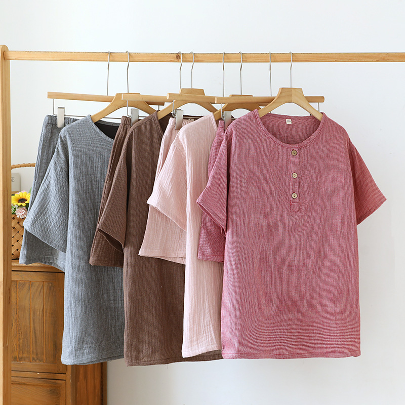 [Plain] Couple's Cotton Double-layer Cotton Yarn Summer Home Clothes suit Short-sleeved Shorts Crewneck Pullover Outer Wear