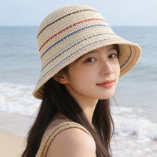 彩虹编织盆帽女夏季海边镂空透气沙度假滩渔夫帽手工草编镂空帽子