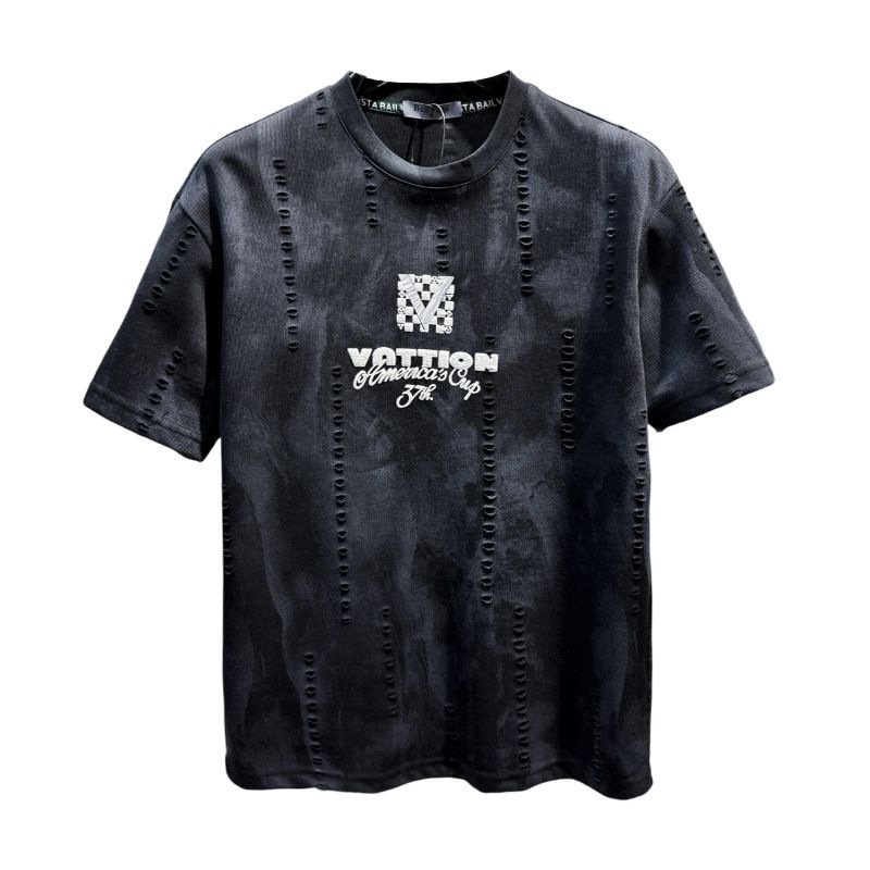 Men's Clothing Men's Premium Distressed Round Neck Short Sleeve T-Shirt - Trendy Streetwear For Summer - Black, Coffee, White - Slim Fit Cotton Blend_viptrois.com