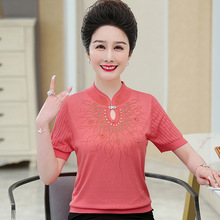 中年妈妈夏装洋气短袖针织衫上衣50岁中老年人新中式国风打底小衫