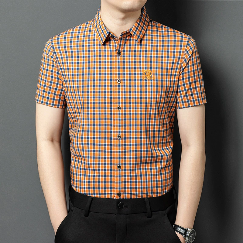 Клетчатая рубашка с короткими рукавами, новинка лета 2025, модная мужская свободная повседневная рубашка-куртка, тонкая бесшовная рубашка из ледяного шелка