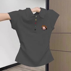 2025新型夏半袖修身高級短金上着卸売り正肩灰色polo襟半袖tシャツ女
