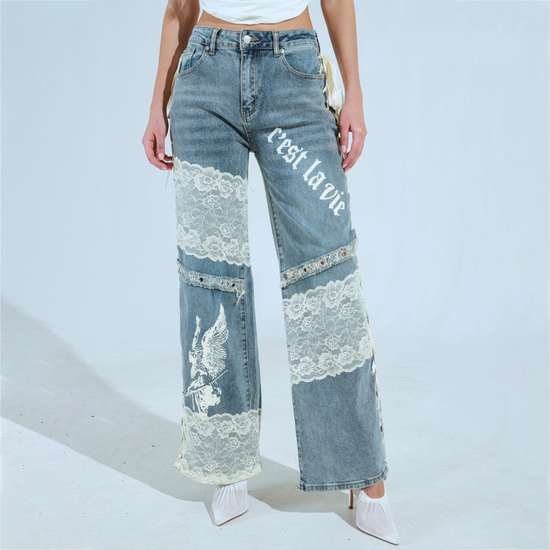 2025 American Style High Street Hot Girl Low Rise Jeans Lace Stitching Design Sense Trendy Personalized Straight Pants Women's Spring