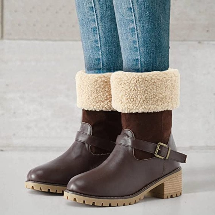 Women's Suede Ankle Boots With Buckle And High Thick Heels_voghion.com