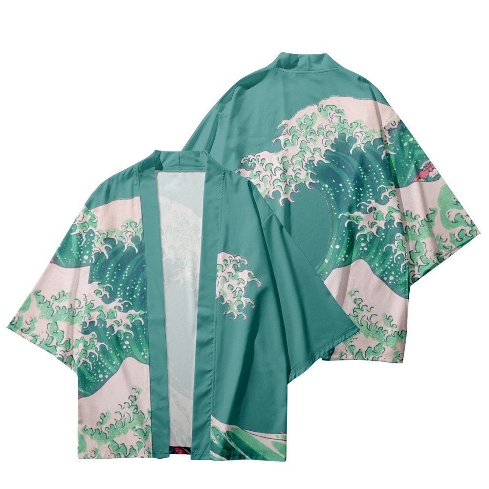 Summer casual cardigan, Japanese style ukiyo-e wave pattern kimono cape, 3D digital printing home bathrobe haori for men