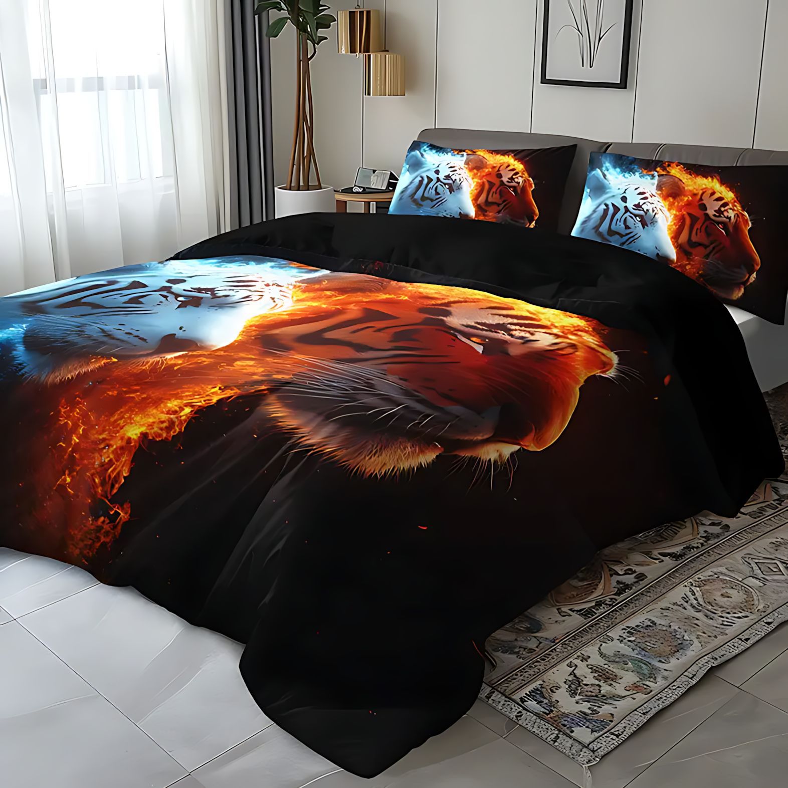 TEMU / JIT Nuevo producto transfronterizo Flame Tiger casa abrasión colcha de cama cubierta de almohada conjunto de ropa de cama para diseñar