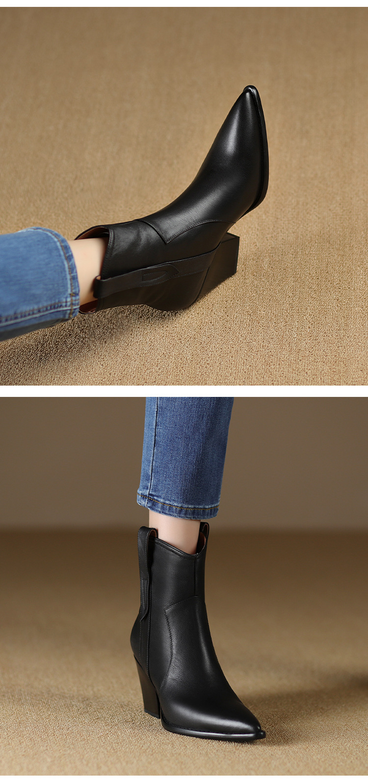 Boot Chelsea nữ cổ thun da bò gót 8 cm mũi nhọn màu kaki — Màu kaki chi tiết 7