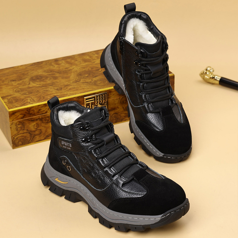 Invierno de piel de vaca, nuevos zapatos de algodón de hombre, lana caliente al aire libre, escalada de montaña y tercife, zapatos de hombre antideslizantes y gruesos.