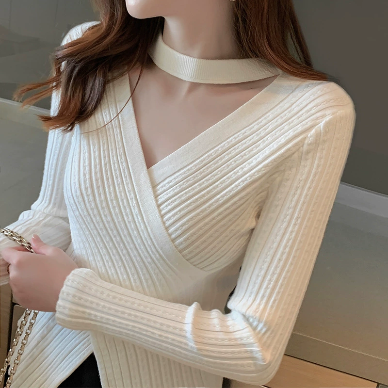 Свитер с перекрестным V-образным вырезом и в Корейском стиле приталенный Универсальный Холтер нерегулярный нишевый дизайн с длинными рукавами шерстяной свитер для женщин