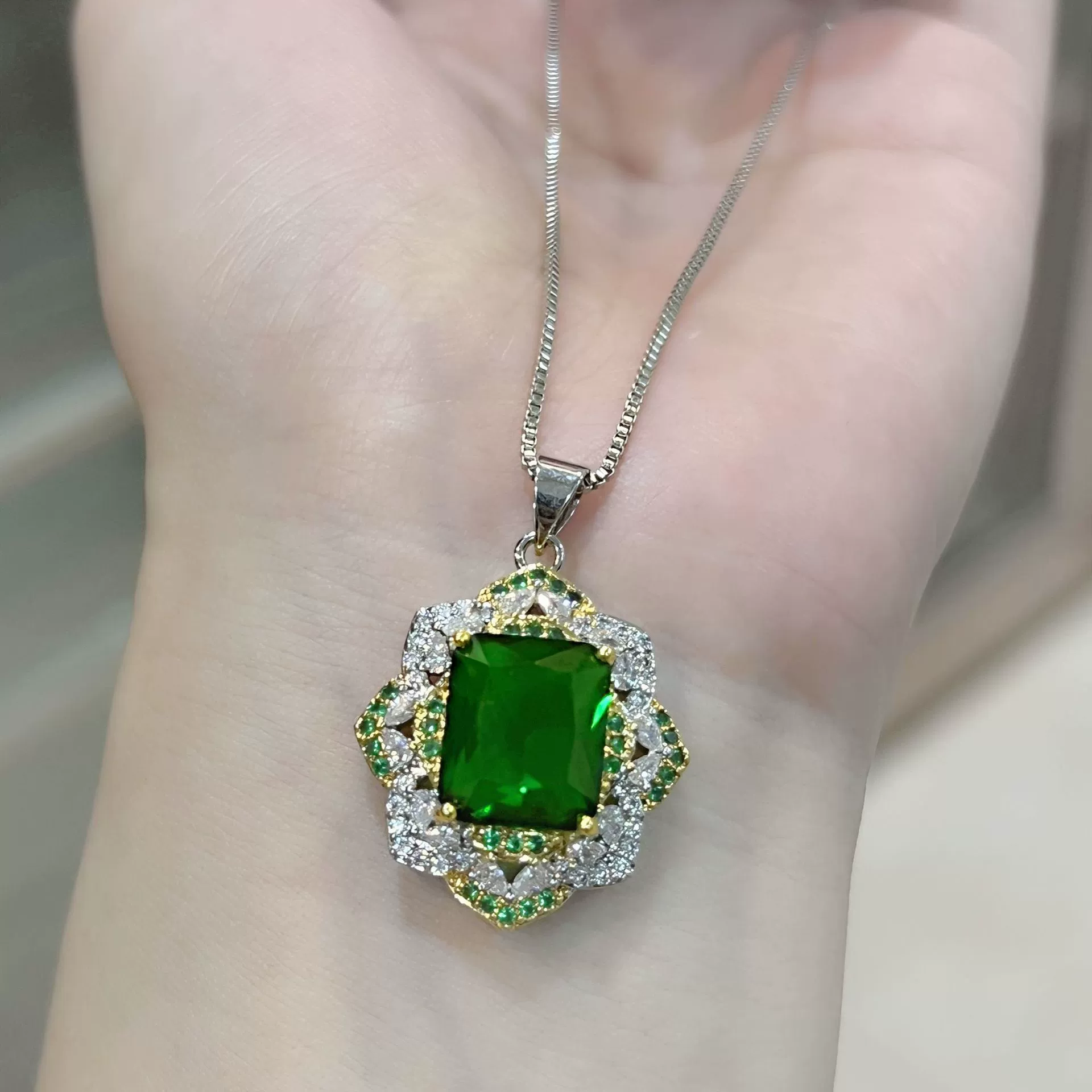 Golden two-color organic pendant, rectangular necklace, diamond encrusted