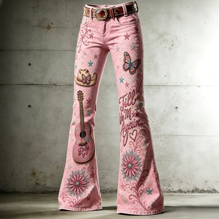2026 Cross-border Western-style Flared Jeans with Retro 3D Digital Print High Street European and American Style Long Jeans 2026 Cross-border Western-style Flared Jeans with Retro 3D Digital Print High Street European and American Style Long Jeans