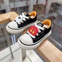米奇联名国潮大头黑色帆布鞋2025春季新款男女款厚底情侣休闲板鞋