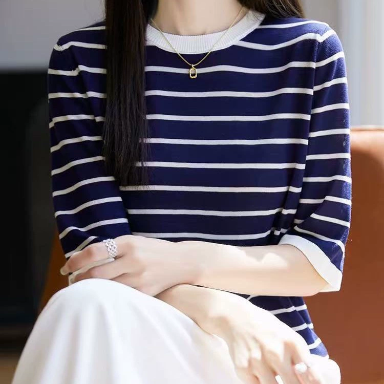 Лиоцелл Тенсель ~ Летний универсальный модный круглый вырез с обычными рукавами в полоску из тонкой шерсти с короткими рукавами 2110 синий