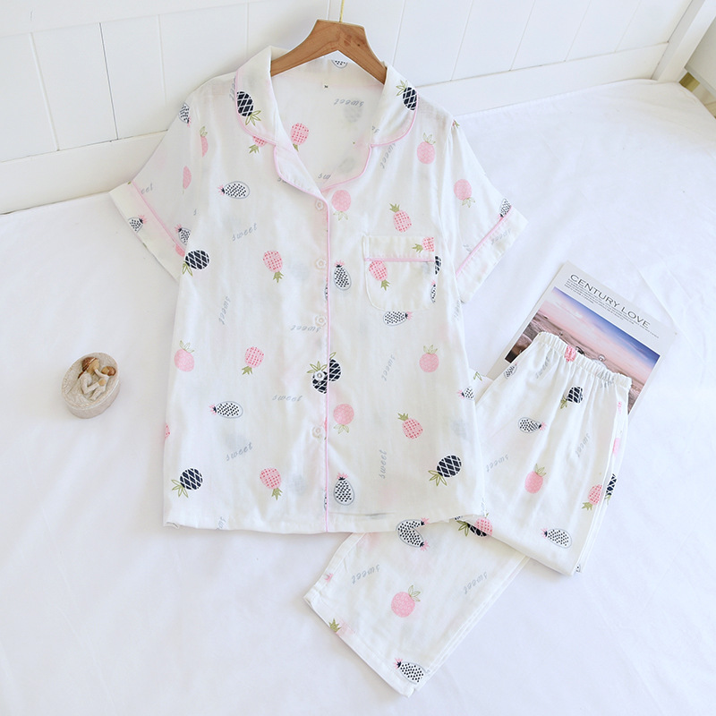 ZHY白地に小さなパイナップルガーゼ半袖長ズボン