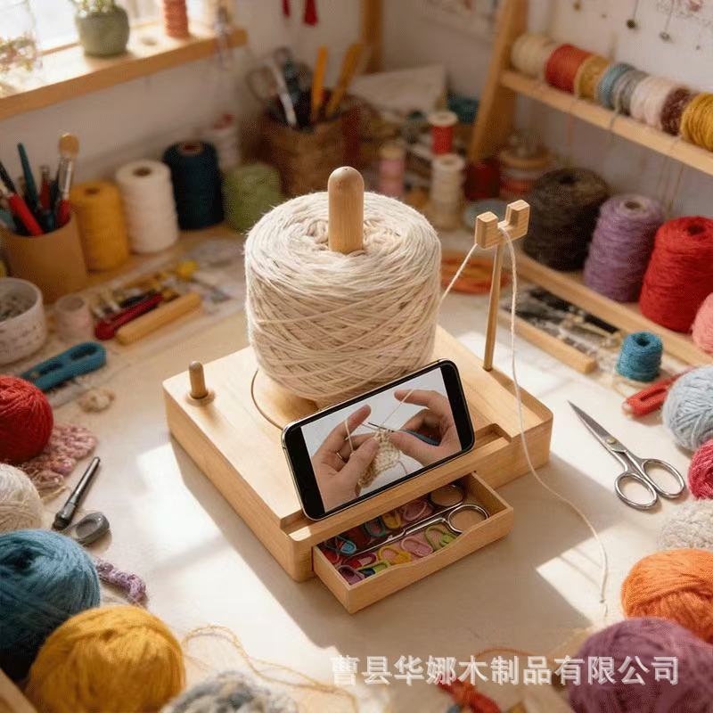 木质毛线收纳架带毛线轴抽屉手机支架绕线架手工编织毛线分线架