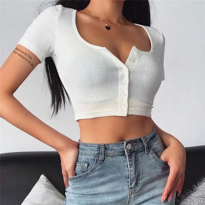 Slim Fit Cropped Short Sleeved Top Square Neck Buttoned Slim Fit Cropped Short Sleeve Top for Women