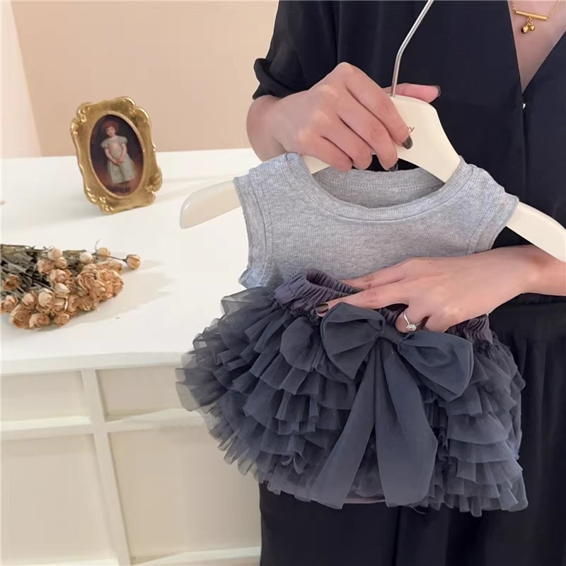 Girls 2024 summer tutu skirt baby girl sweet cute mesh bow trousers skirt two-piece set