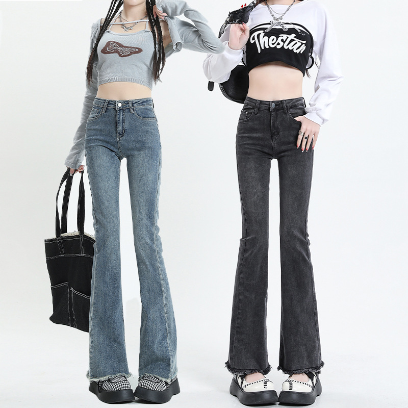 毛邊微喇叭牛仔褲女2023新款百搭高腰顯瘦修身彈力大碼春秋馬蹄褲