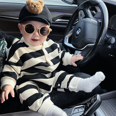 3-6-9-12潮款男女寶寬條紋柔軟舒適連身衣 紅莓熊 大耳朵兔子爬服