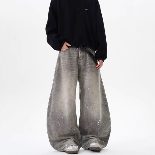 Spring and Autumn Retro Washed Distressed Gray Ink Splatter Bended Knife Jeans for Men and Women Trend Brand American Street Loose Pants