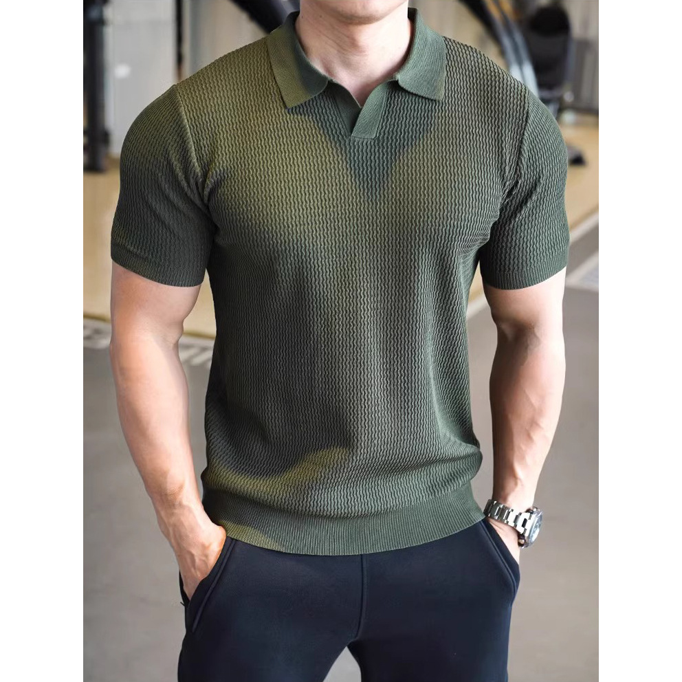 Verano nuevo suéter de punto de seda de hielo de manga corta para hombres camisa POLO de negocios delgada con cuello en V camiseta de moda comercio exterior al por mayor transfronterizo