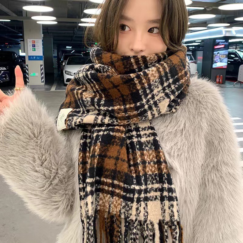 2025新款格子围巾女秋冬季高级感保暖千鸟格美拉德韩系干枯玫瑰粉|undefined