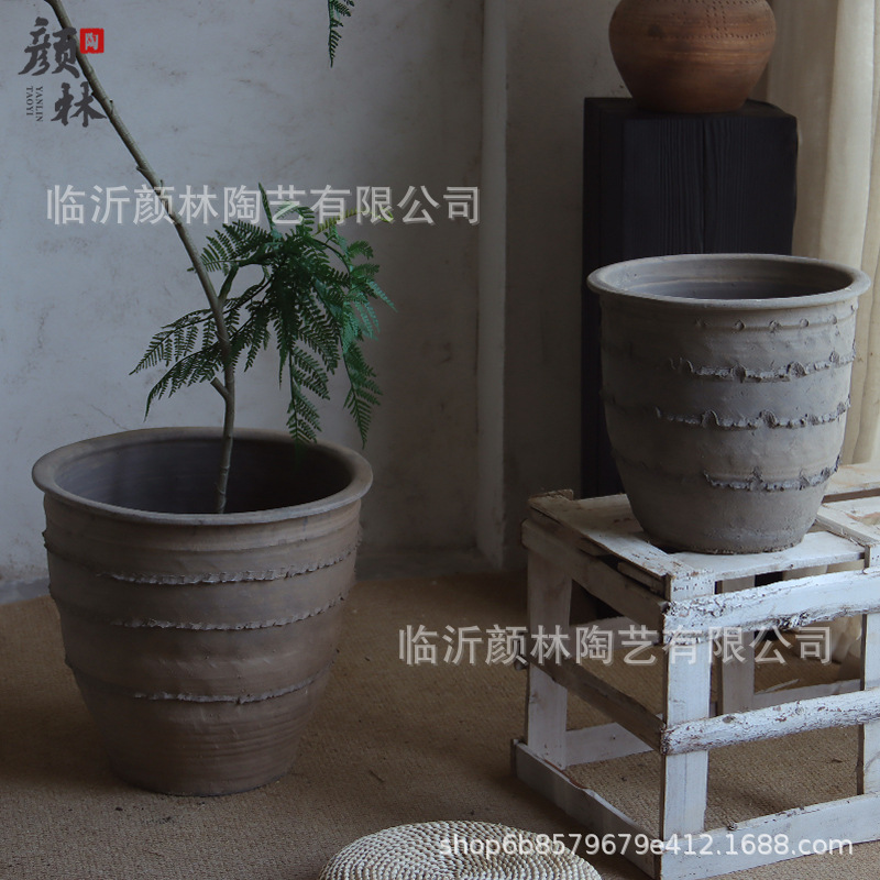 maceta de cerámica gruesa gran calibre maceta de cerámica decorativa de alojamiento residencial tanque de cerámica ventilada retro plantación de árboles maceta grande pura mano