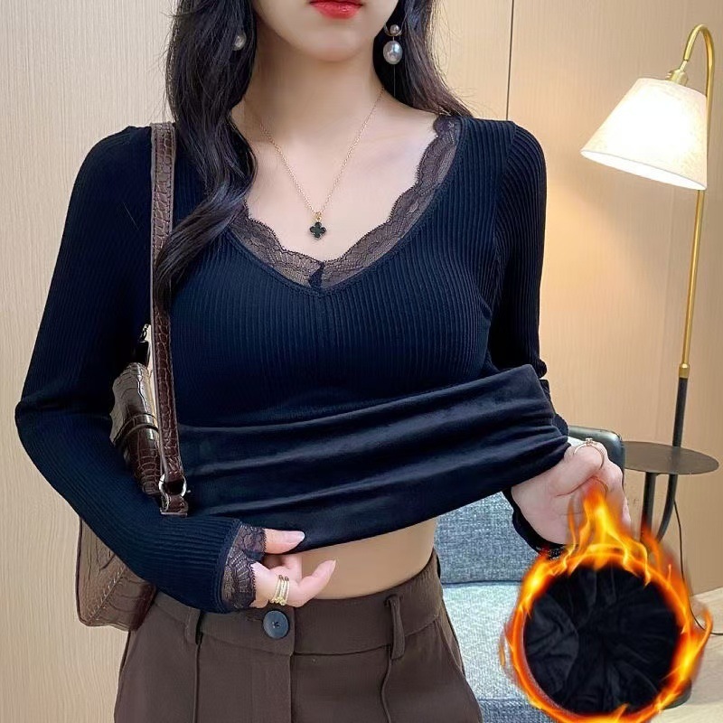 겨울철 여성을 위한 따뜻한 상의, 도톰한 벨벳, 패딩 칼라, 가을 코트, 긴팔 밑단 셔츠, 발열 이너복