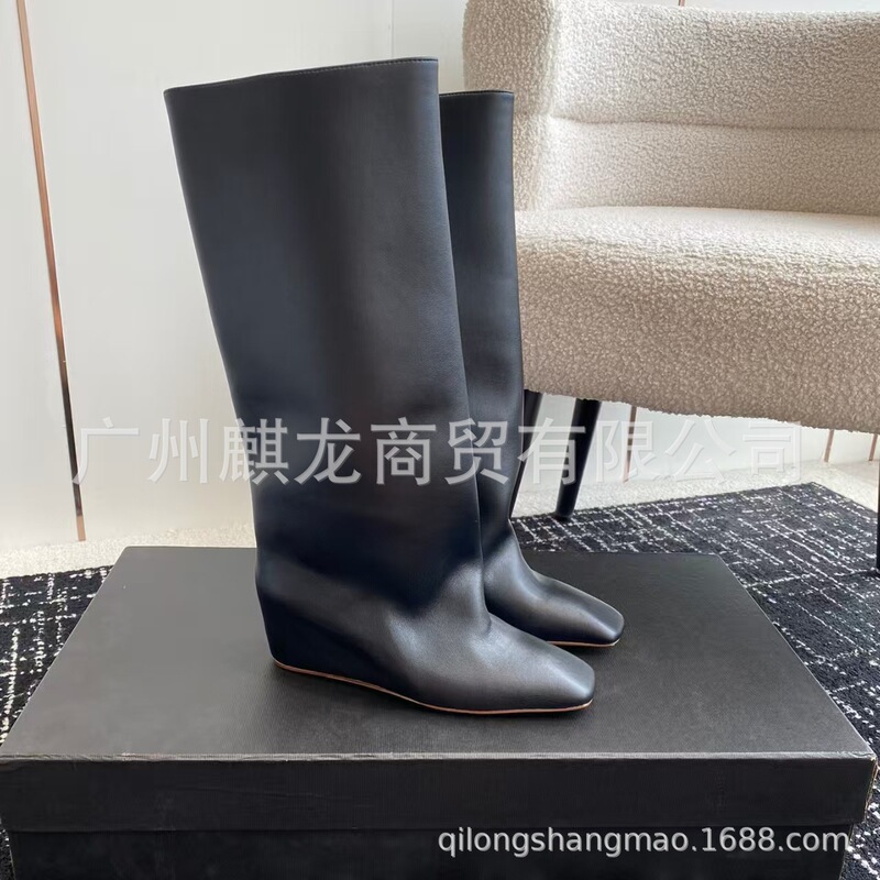 高端小众2025秋冬真皮方头复古坡跟内增高高筒骑士靴不过膝长靴女|undefined