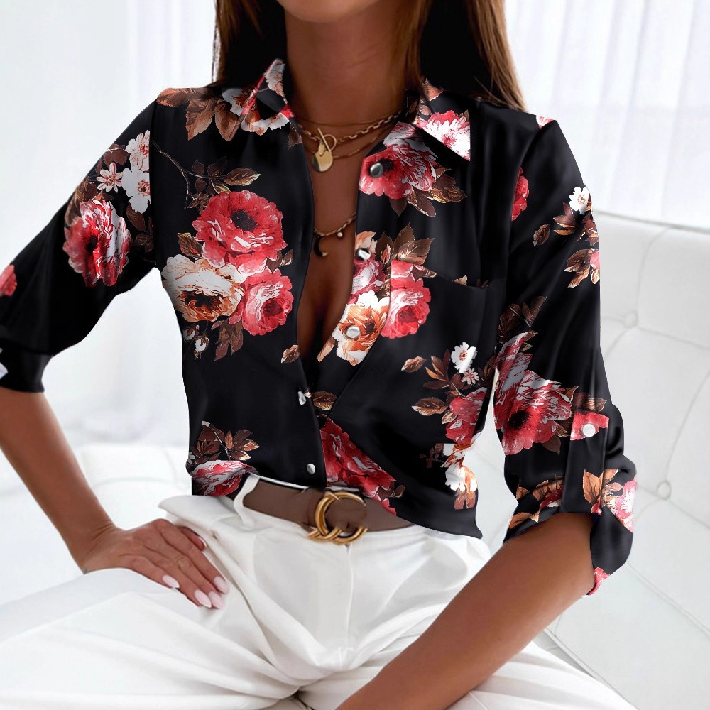 2022 tops transfronterizos de primavera y otoño de las mujeres europeas y americanas de comercio exterior independientes Amazon camisa de manga larga camisa estampada para mujeres