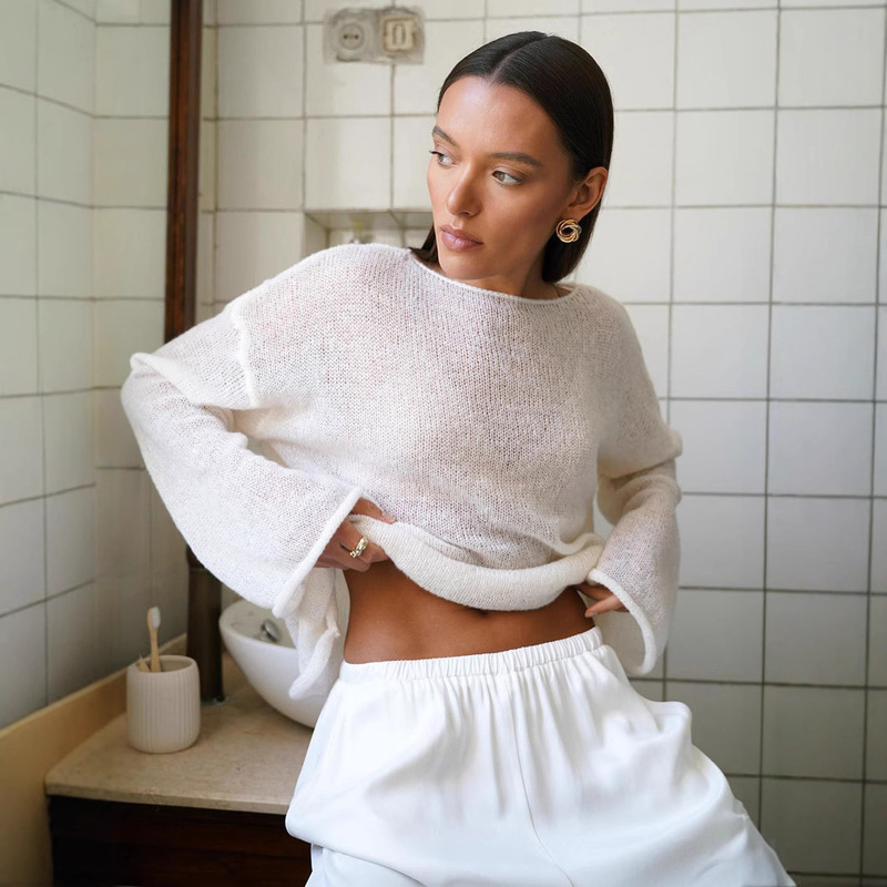 Cross-Border Hollow-Out Knitwear European and American Style 2025 Autumn New Women's See-Through Thin Large Round Neck Bell Sleeve Knit T-Shirt Cross-Border Hollow-Out Knitwear European and American Style 2025 Autumn New Women's See-Through Thin Large Round Neck Bell Sleeve Knit T-Shirt