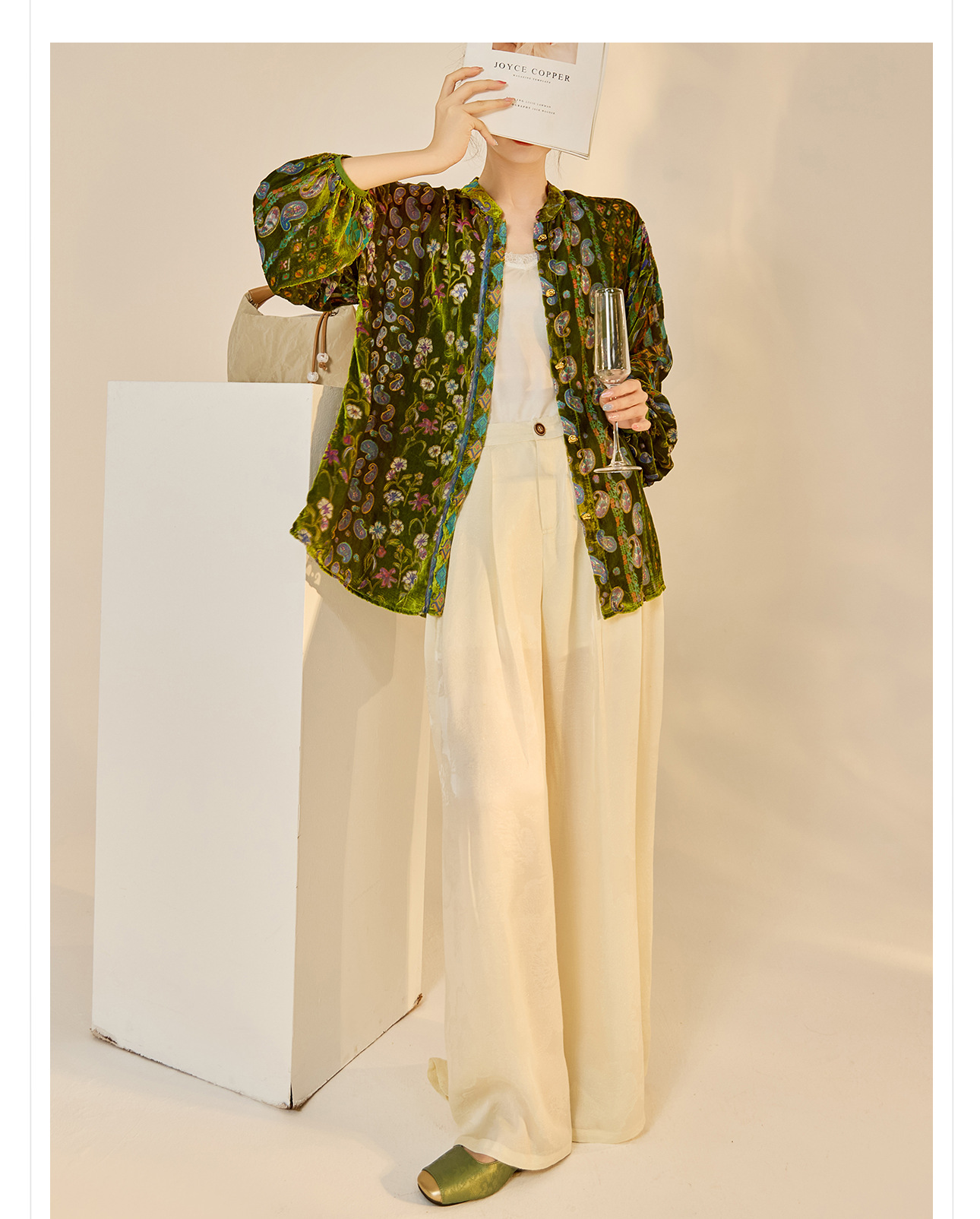 Quần ống rộng nữ phong cách Trung Hoa mới, chất rayon dệt vàng satin rủ — đen, Màu trắng nhạt, màu vàng chi tiết 6