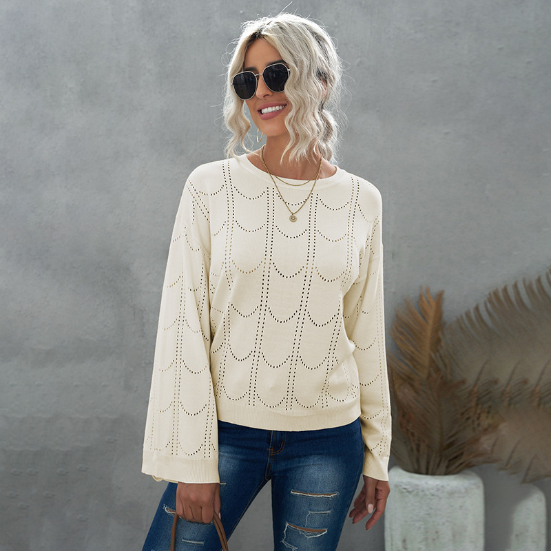 时颖欧美纯色毛衣女春秋新款亚马逊纯色圆领喇叭袖镂空针织上衣女