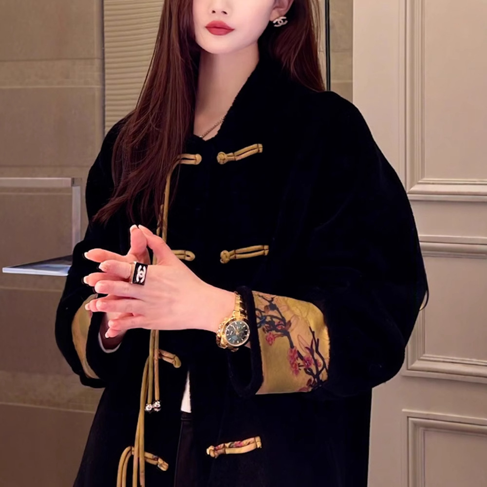 하이 엔드 센스 새로운 중국 스타일 탕 스타일 코튼 패딩 코트 버클 밍크 벨벳 모피 코트 양고기 벨벳 여성 의류
