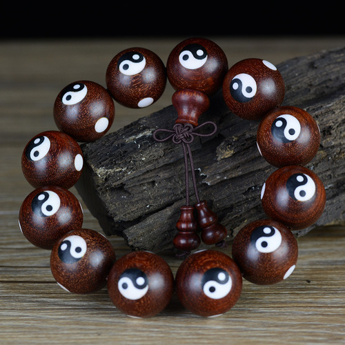 Small Leaf Rosewood High-Density Old Material Blood Rosewood Inlaid Tai Chi Male and Female Beads, Taoist Taoist Rosary