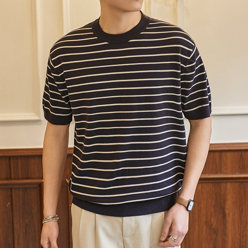 ZY8103T-MW老钱风条纹圆领针织短袖通勤百搭夏季时尚简约T恤，男装针织衫/毛衣，星座614