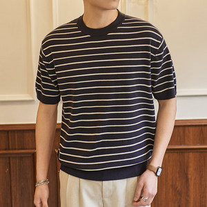 ZY8103T-MW 老钱风条纹圆领针织短袖通勤百搭夏季时尚简约T恤，男装针织衫/毛衣，星座614